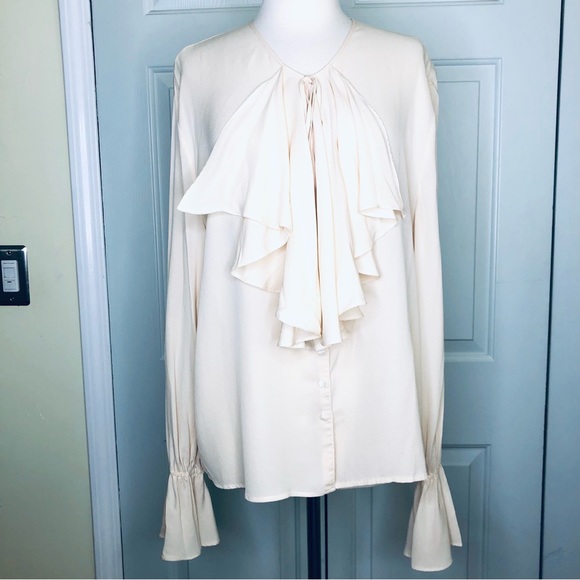 Vintage CLASSIQUES Silk for Nordstrom Wide Front Cuffs Ruffles Top Beige Sz M - Picture 2 of 13